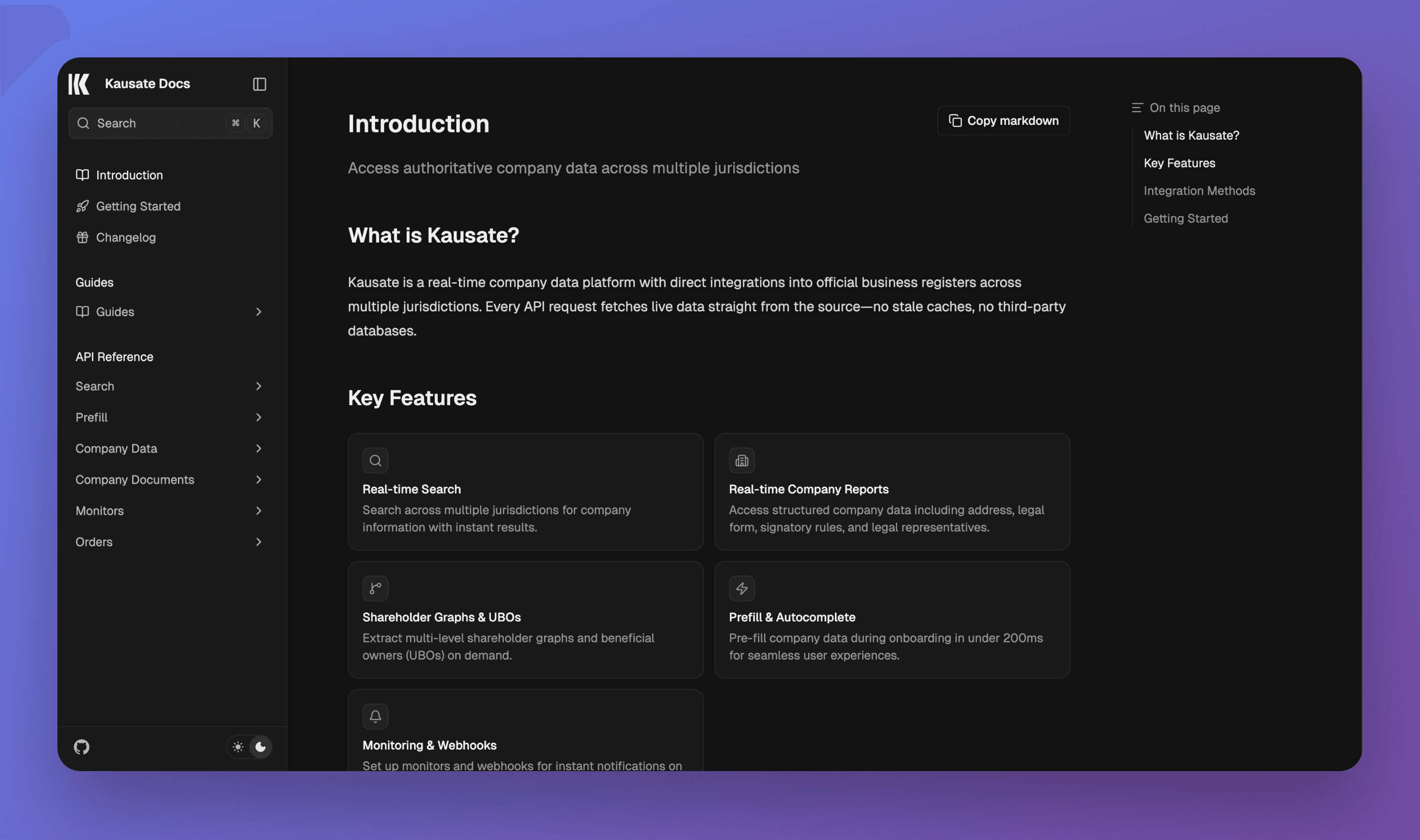 Kausate Docs homepage in dark mode showing key features: real-time search, company reports, shareholder graphs, prefill and autocomplete, and monitoring